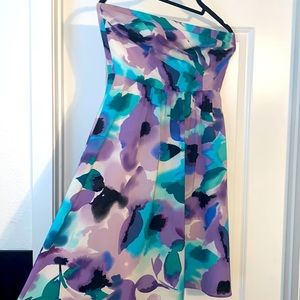 Women’s strapless white with teal/lavender floral dress